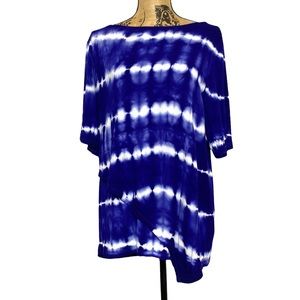 Zenergy by Chico’s Blue Tie Dye Scoop Neck Faux Wrap Short Sleeve Shirt